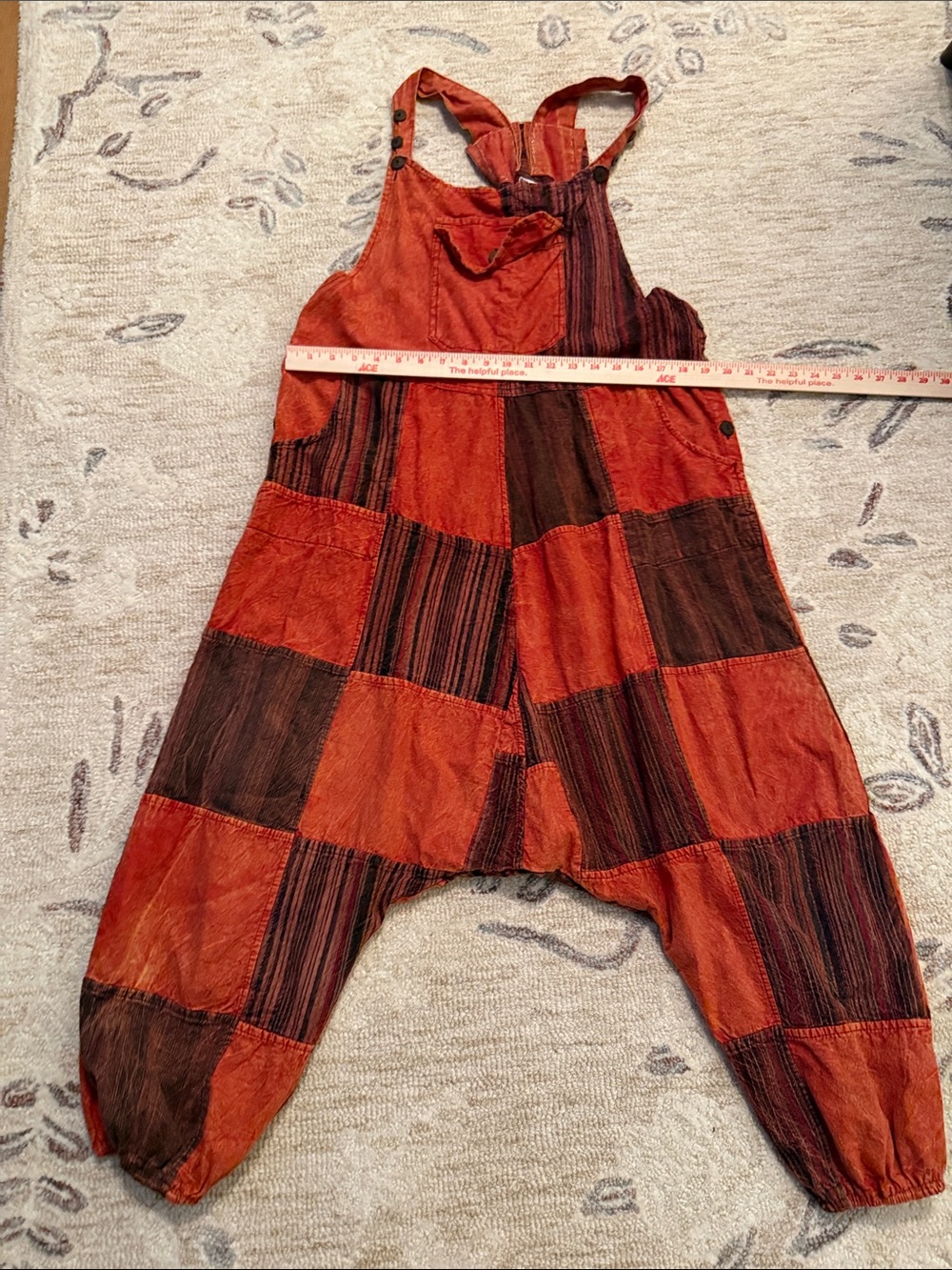 Boho Patchwork Harem Jumpsuit in Rust and Brown